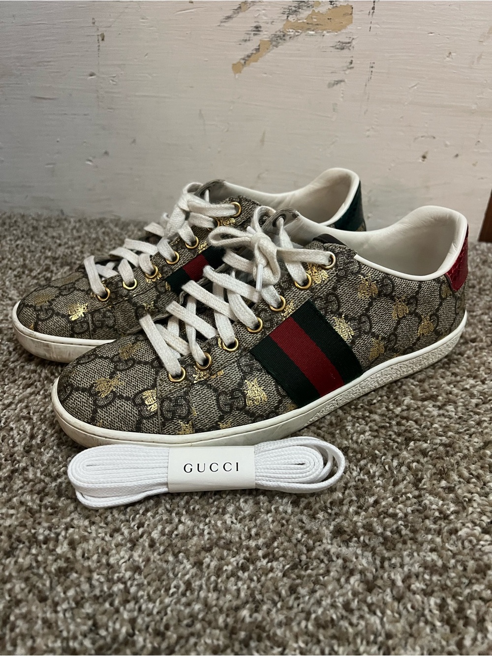 Gucci Brown GG Bee Canvas Sneaker with Green-Red Web Stripe